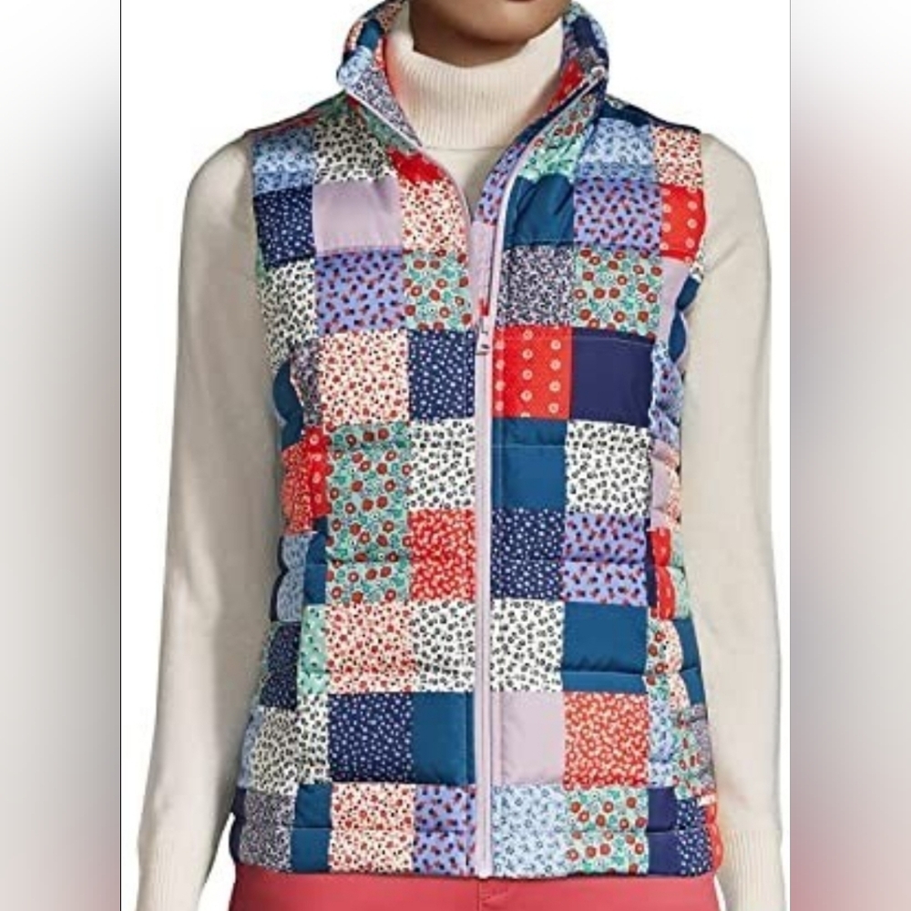 Lands' End Women's Patchwork Quilted Vest in Blue, Red, Pink, White